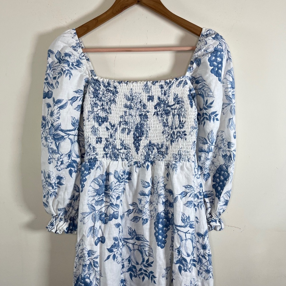 Reformation Gitane Shirred Floral Print Linen Midi Dress Blue White Size Small - Picture 2 of 6